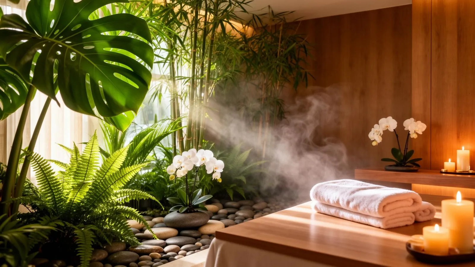 A wide view of the TAO Therapeutic Massage Spa treatment room in Vienna, VA — a dressed massage table, folded towels and candlelight before a 60 minute session