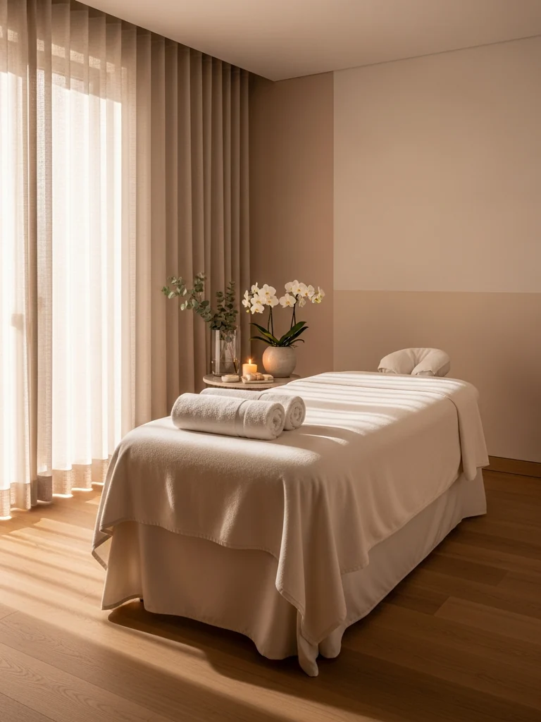 The quiet interior of TAO Therapeutic Massage Spa in Vienna, VA, with warm lamplight, linen drapes and a treatment room door open off the corridor