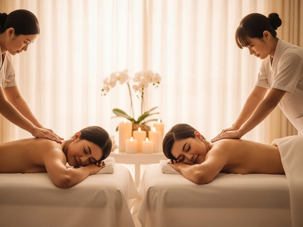 Two treatment tables side by side in the private couples suite at TAO Therapeutic Massage Spa in Vienna VA, minutes from Tysons Corner